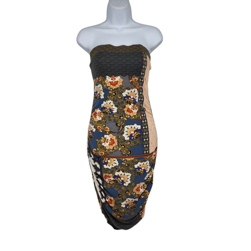 Hale Bob Blue Patchwork Floral Print Strapless Ruched Bodycon Tube Dress Size M